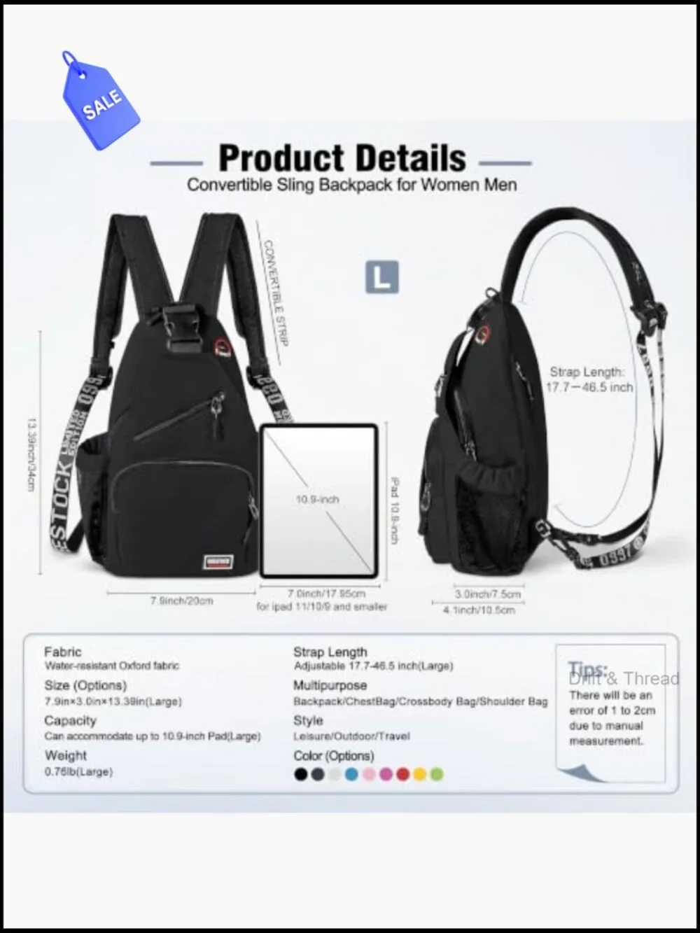 Convertible Sling Backpack Crossbody Shoulder Daypack Hiking Travel